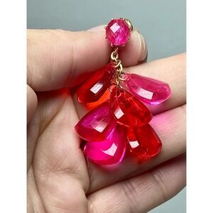 VTG Goldtone Pink and Red‎ Cluster Dangle Clip-on Earrings Signed Hong Kong 2"